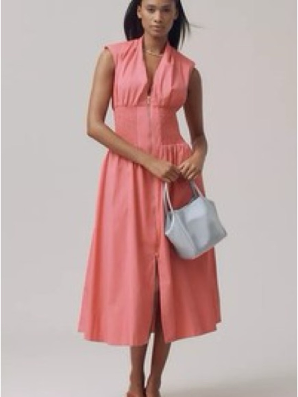 Anthropologie Tommie Cap-Sleeve Smocked Front-Zip Shirt Dress Size M